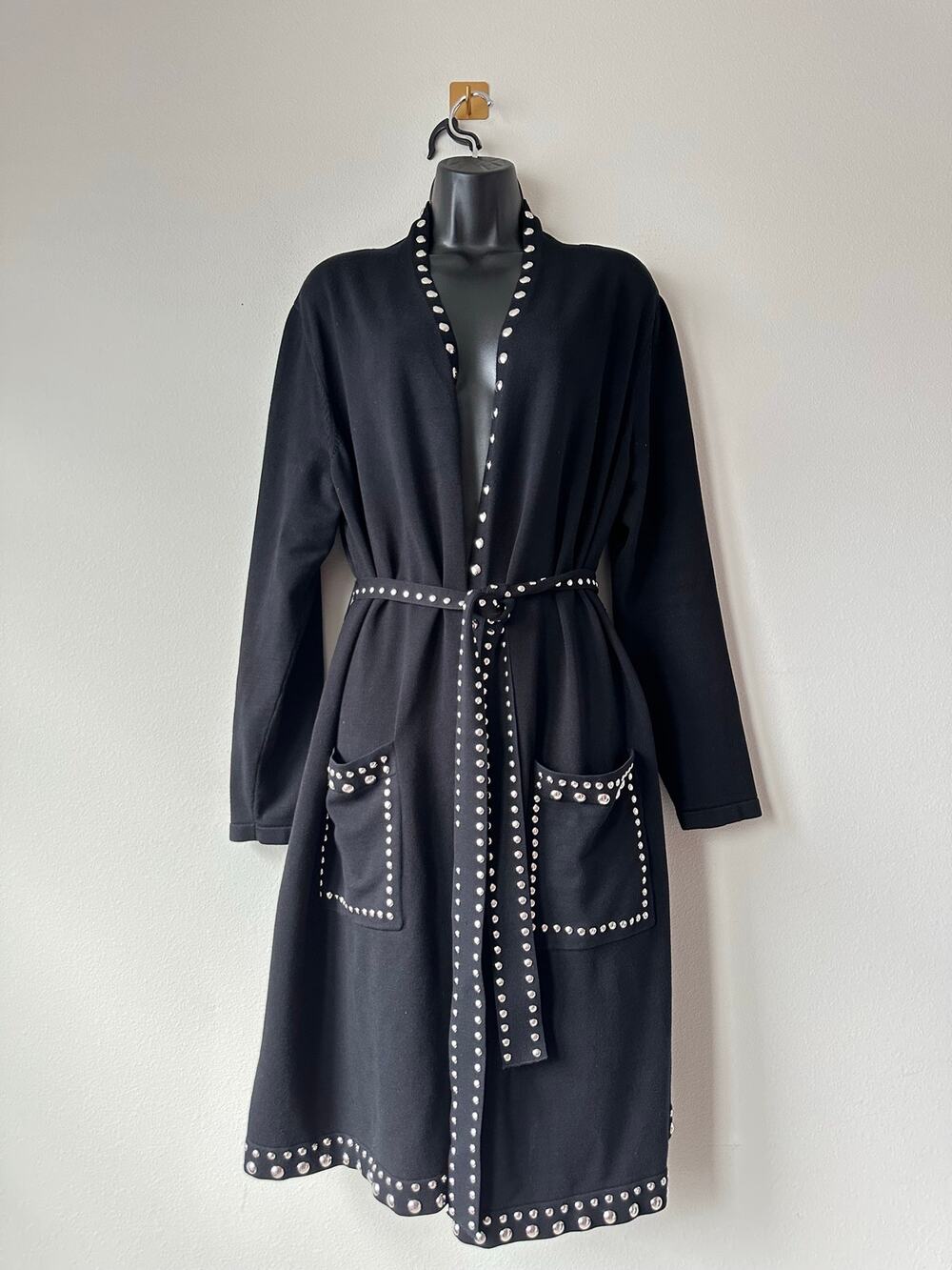 Black Studded Duster Cardigan Belted Longline Sweater Rockstar Western Glam XL